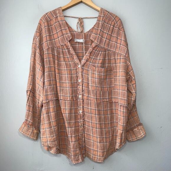 Buckle Blue B Oversized Medium Plaid Gauze Button Up Shirt Western Boho Chic - Picture 1 of 8